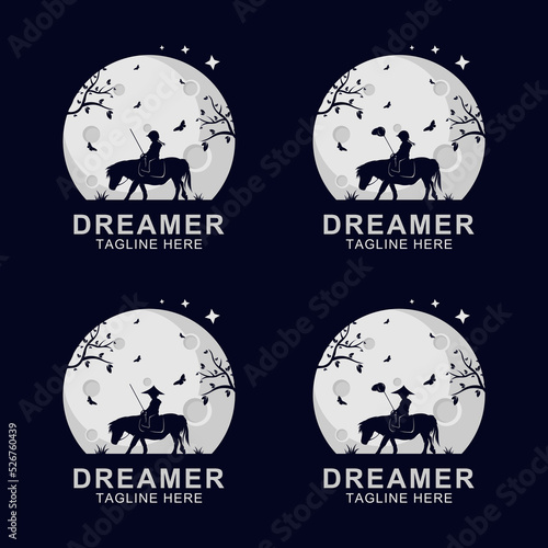 Silhouette of dreamer riding horse logo on the moon with tree