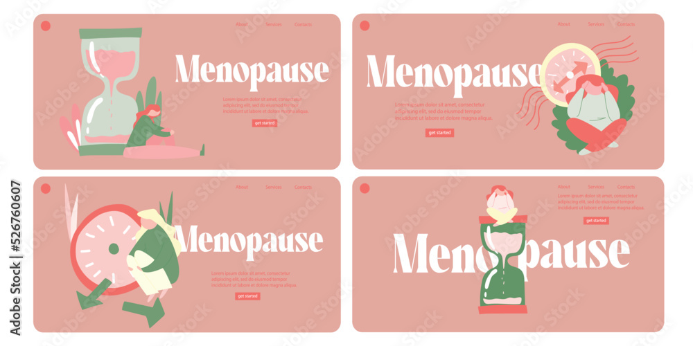The female reproductive system. Broken Watch. Thoughts about pregnancy. The onset of menopause. Landing Page Template collection. Vector illustration on an isolated background. The female reproductive system. Broken Watch. Thoughts about pregnancy. The onset of menopause. Landing Page Template collection. Vector illustration on an isolated background.