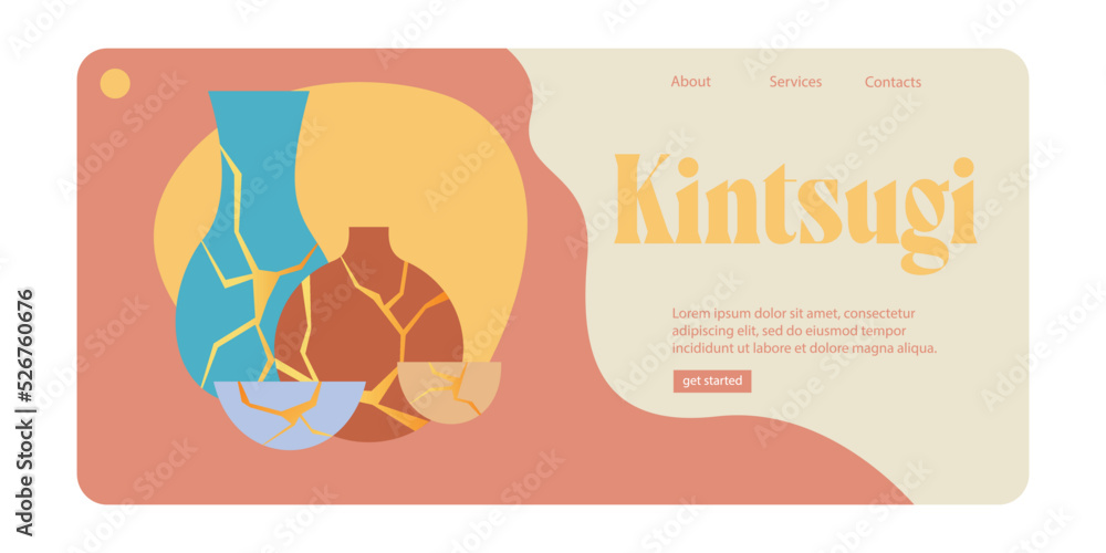 Different golden  vintage vase of Kintsugi. Landing Page Template. Restoration of old dishes. Marble pattern. A stylish vector element. All objects are isolated.