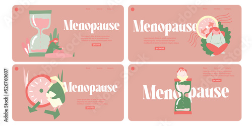 The female reproductive system. Broken Watch. Thoughts about pregnancy. The onset of menopause. Landing Page Template collection. Vector illustration on an isolated background.