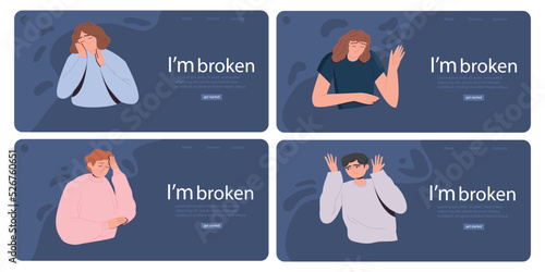 I'm broken. Unhappy humans. Bad mood, depressive state. The concept of mental health. Psychotherapy. A painful condition. Landing Page Template. Cartoon vector illustration. All elements isolated.