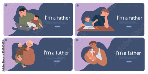 I am a father. The concept of parenthood and child care. An exhausted man parental responsibilities. Landing Page Template collection Vector flat illustration on an isolated white background.