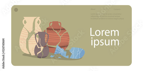 Different broken ancient Greek vase. An old Roman vase with two handles. An archaeological artifact. Ceramic tableware. Landing Page Template. Hand-drawn Illustration on a white isolated background.