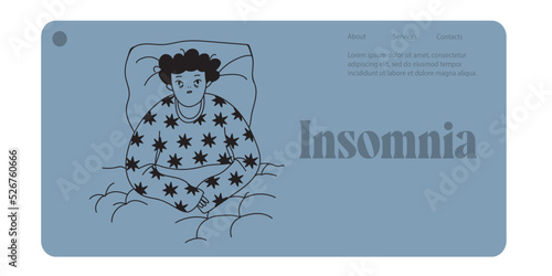 A male character can't sleep suffering from insomnia, headache, downed regime. Landing Page Template. A man suffers from insomnia. Vector illustration on an isolated background. Doodle style.