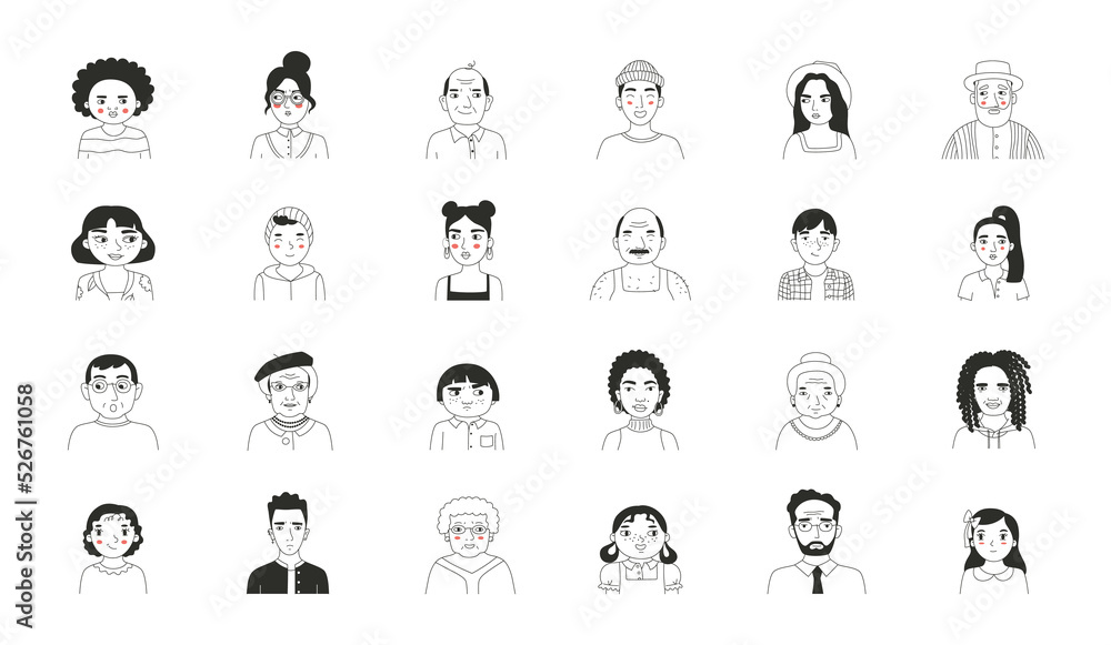 Set of different people's faces, human avatars collection. Different emotions, gender and age