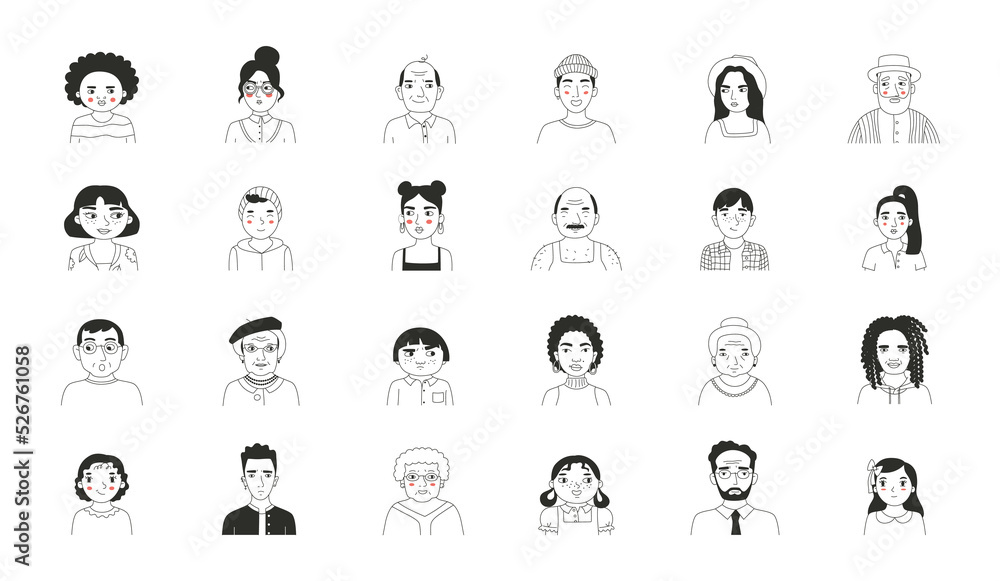 Set of different people's faces, human avatars collection. Different emotions, gender and age Set of different people's faces, human avatars collection. Different emotions, gender and age