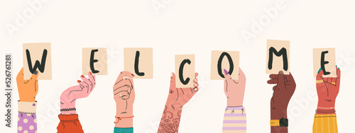 Various female hands are holding signs with the inscription welcome. Vector fashion illustration for feminist design, web banner, front page.