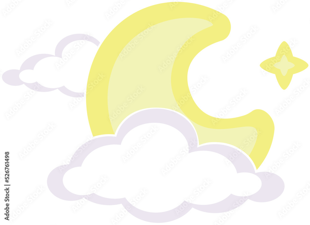 Moon and star in clouds, celestial body crescent - vector full color picture. Moon in the clouds and a four-pointed star Moon and star in clouds, celestial body crescent - vector full color picture. Moon in the clouds and a four-pointed star