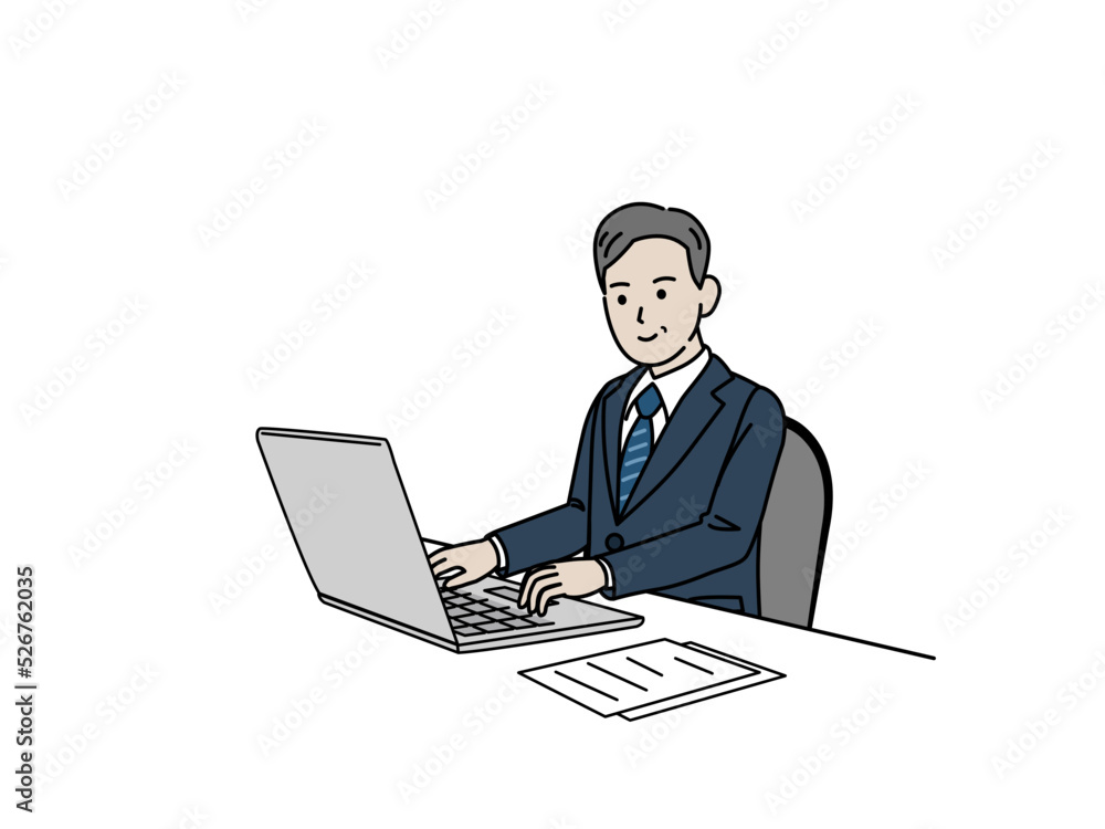 ノートパソコンを使う　スーツ姿の男性　中年　ミドル　会社員　ビジネスマン　イラスト
