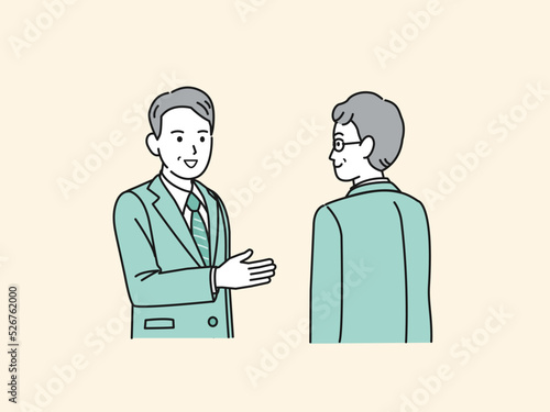 会話　話す　スーツ姿の男性　中年　ミドル　会社員　ビジネスマン　打ち合わせ　イラスト