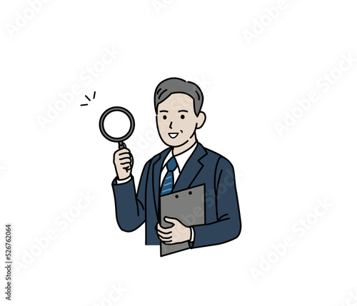 虫眼鏡を持つ　税理士　保険屋　スーツ姿の男性　中年　ミドル　ビジネスマン　イラスト