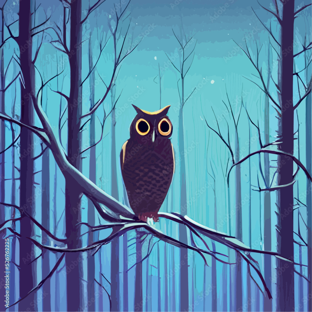 Owl. Realistic bird on dark moon forest background. Dark night ...