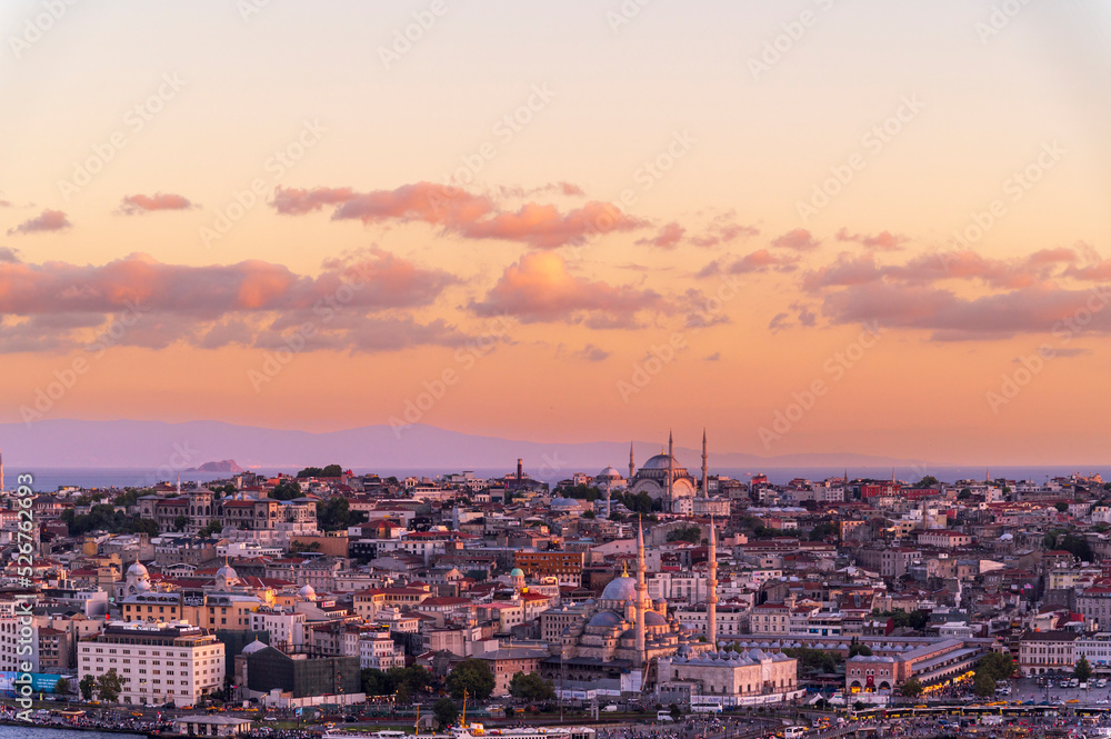 Istanbul city of sunset citycape is beautiful scenery of summer with lifestyle travel, tourism and vacation in Istanbul town buildings .Turkey.