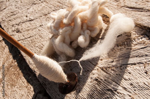 Old wool spindle and virgin wool.