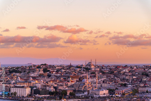 Istanbul city of sunset citycape is beautiful scenery of summer with lifestyle travel, tourism and vacation in Istanbul town buildings .Turkey.