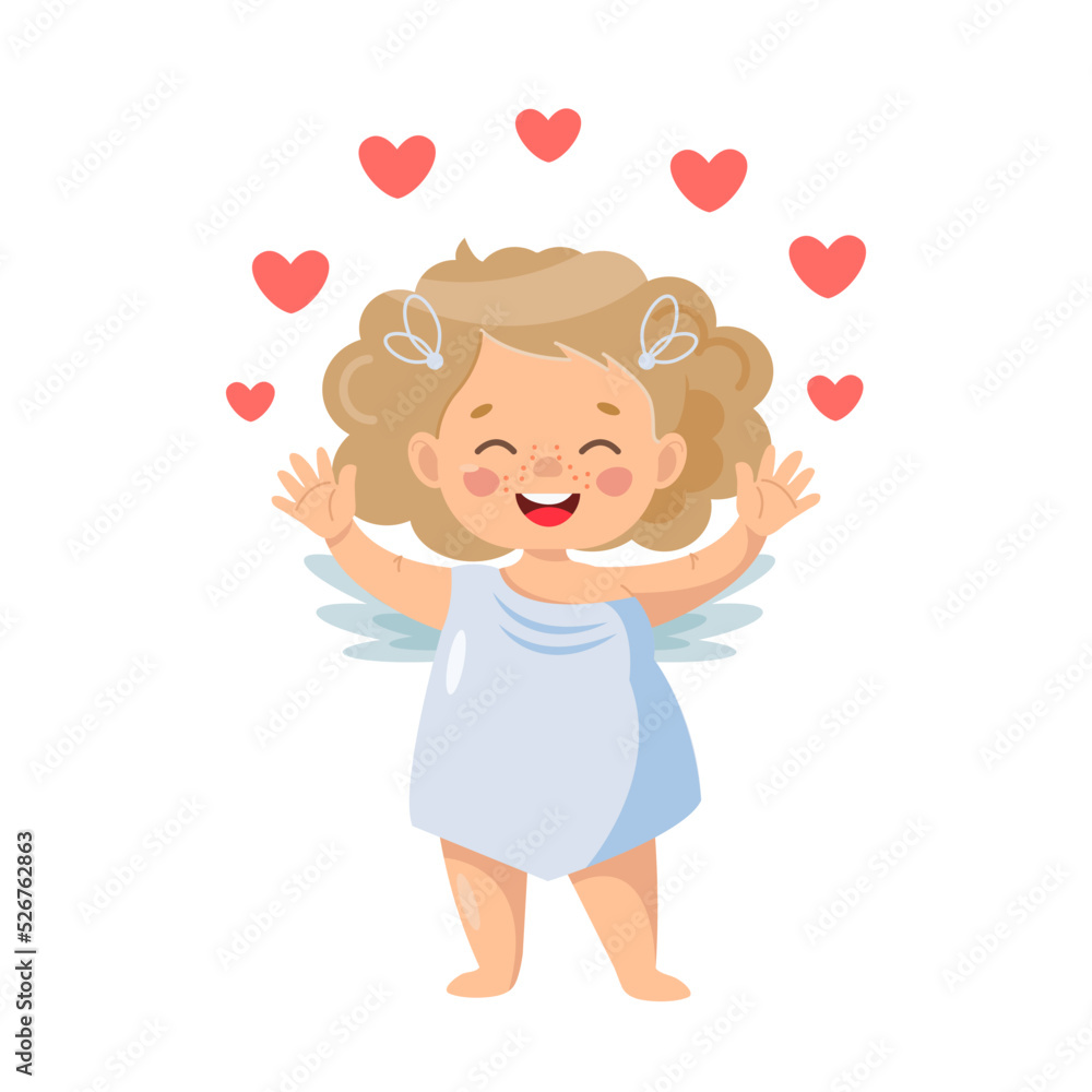 A pretty cupid girl juggles hearts. Vector illustration A pretty cupid girl juggles hearts. Vector illustration