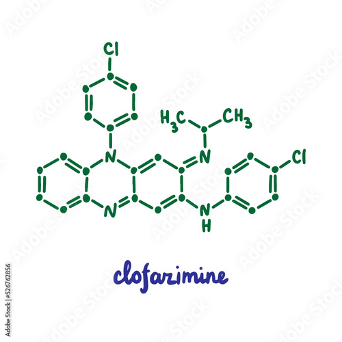 Clofazimine hand drawn vector formula chemical structure lettering blue green photo