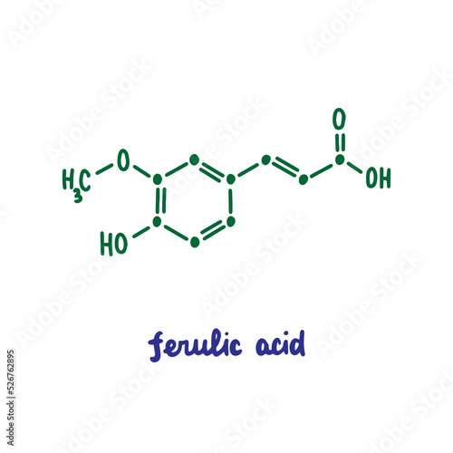 Ferulic acid hand drawn vector formula chemical structure lettering blue green photo