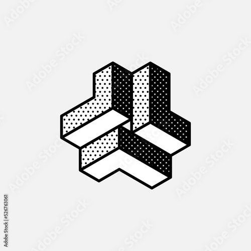 Impossible triangle vector shape. Retro 3d black and white logo with polka dot pattern on the sides. photo