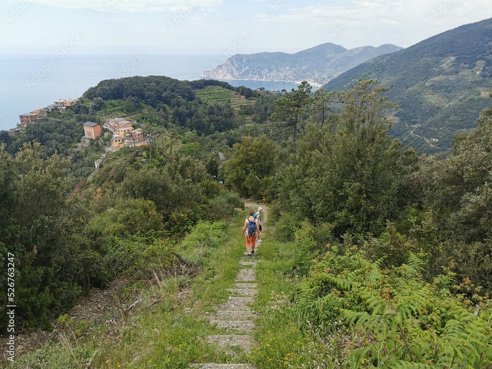 Cinque Terre National Park.
Trekking the hiking trail above the Cinque Terre, Italian Riviera. Liguria, Near San Bernardino. Italy