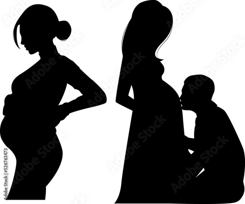 Vector silhouette of a pregnant woman. Beautiful slender girl expecting a baby. Black figure of a seated pregnant woman Isolated on a white background.