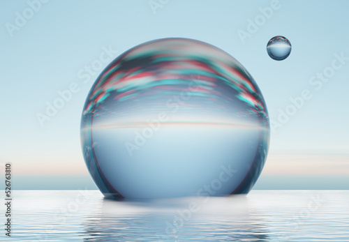 a crystal spherefloating on sea with fog on water surface