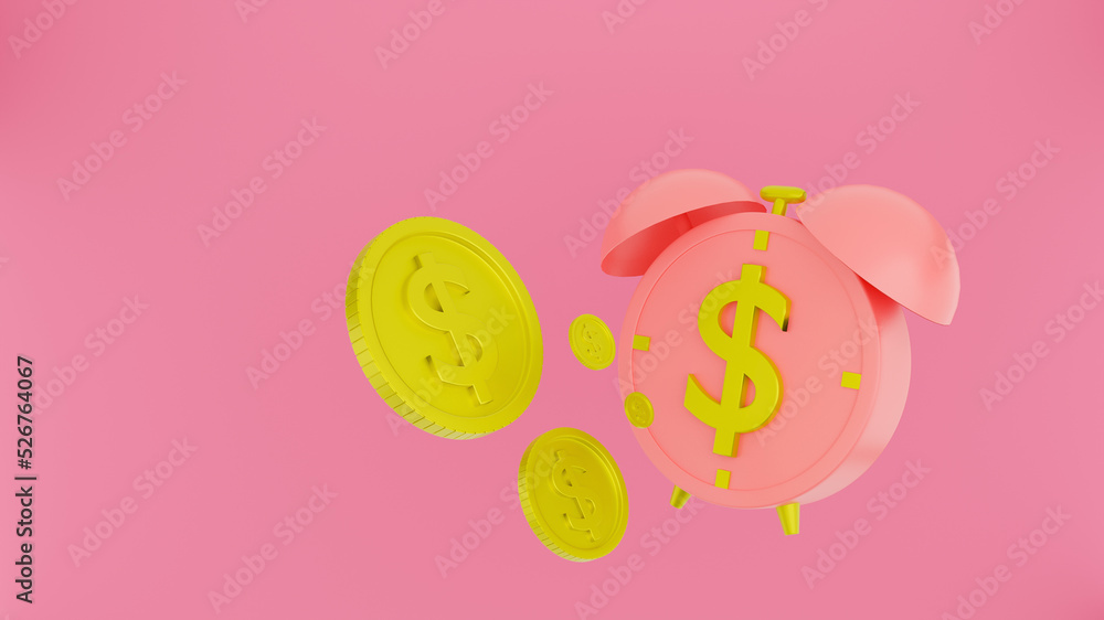 3d alarm clock with Investing money to grow in time concept. Business investments earnings and financial savings 3d, 3d clock time illustration vector render in pink background