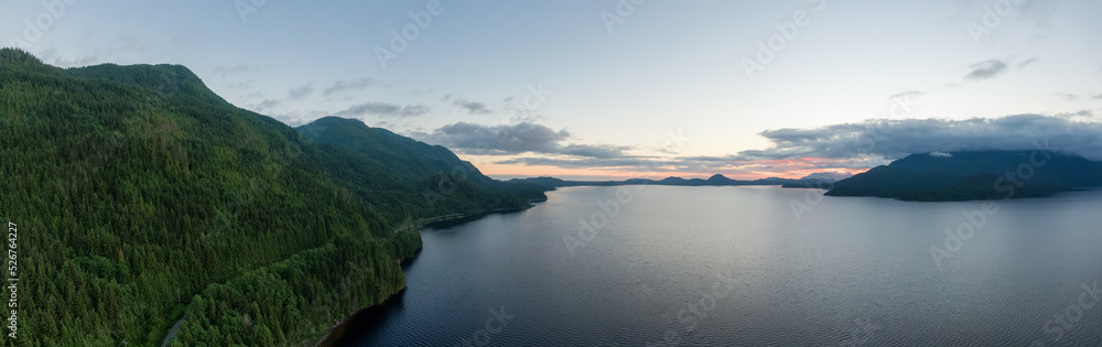 Aerial Panoramic View of Kennedy Lake. Near Ucluelet and Tofino, Vancouver Island, BC, Canada. Nature Background.