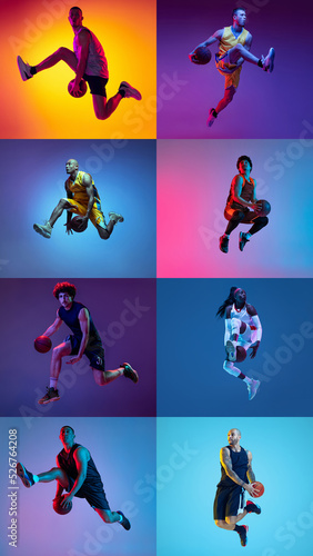 Vertical set of images of male and female professional basketball players jumping isolated on multicolor background in neon. Collage