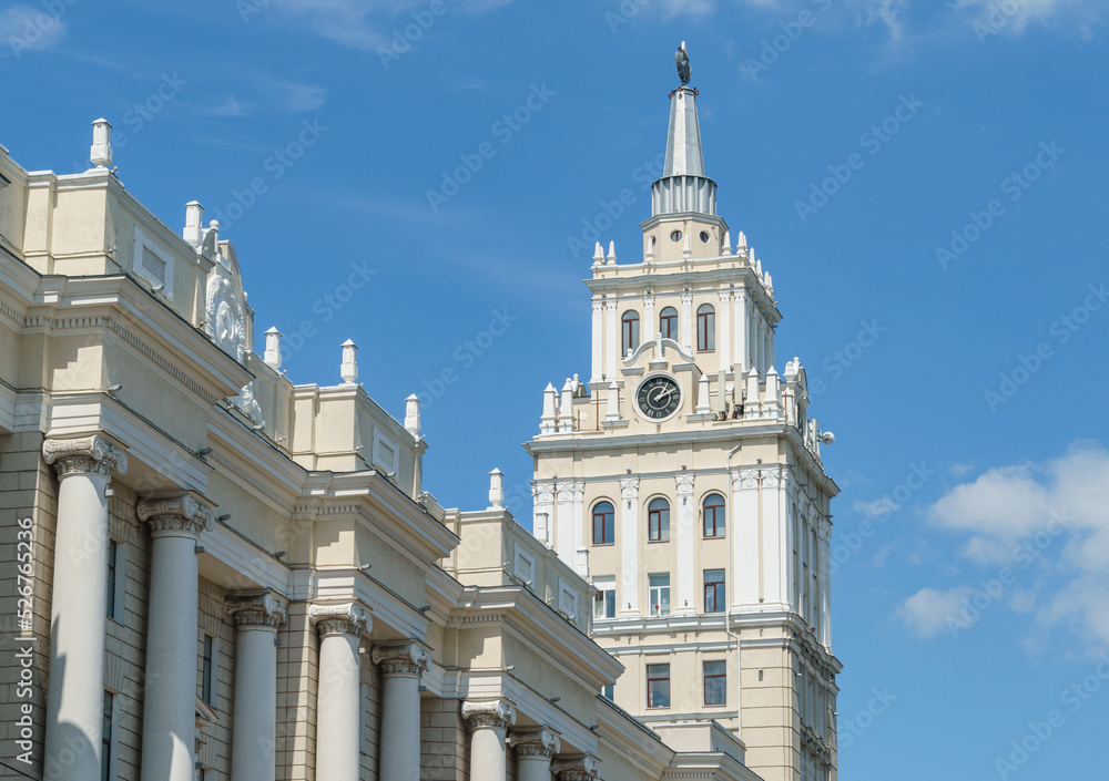 Tower Of South-East Railways (department of Russian Railways) Administration Building  - a symbol of  Voronezh city. Building was built by architect N.V. Troitsky. Voronezh, Russia - July 30, 2022