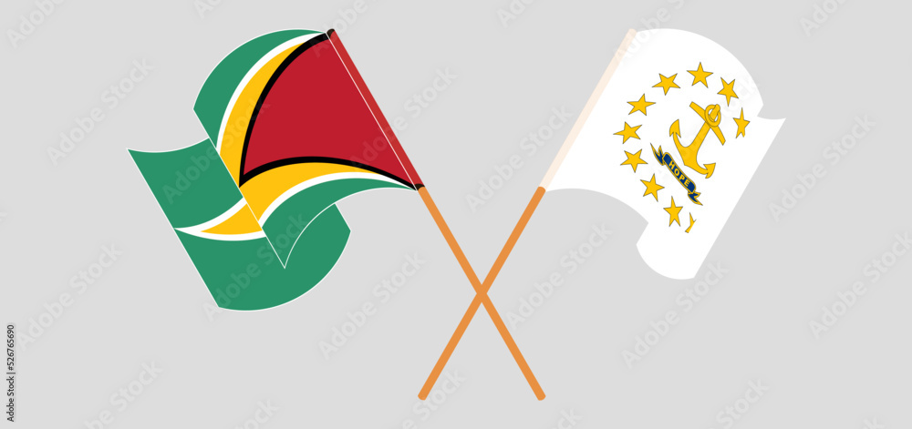 Crossed and waving flags of Guyana and the State of Rhode Island Crossed and waving flags of Guyana and the State of Rhode Island