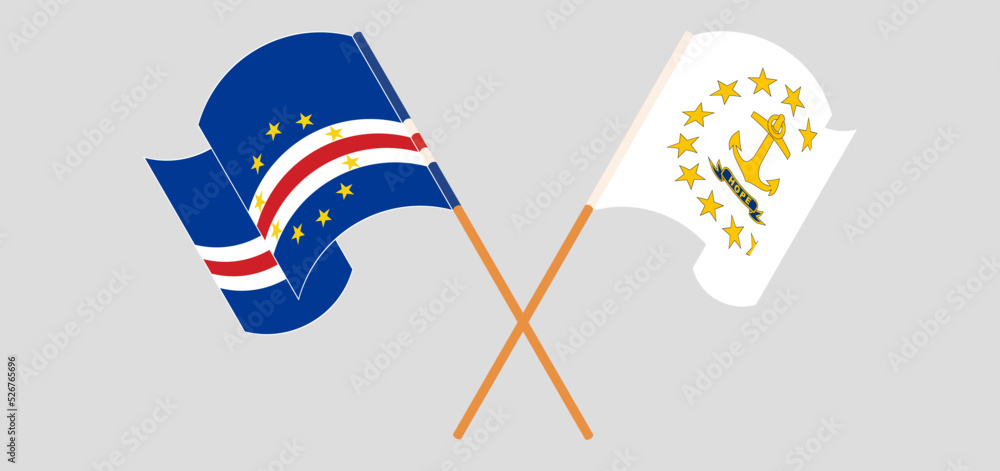 Crossed and waving flags of Cape Verde and the State of Rhode Island
