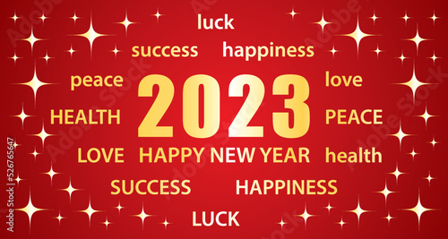 2023 Happy New Year. Red and gold greeting card with best wishes. Illustration vector banner.