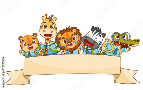 Banner with cute schoolchildren crocodile, zebra, giraffe, lion and tigert. Vector cartoon element for design isolated on white background photo