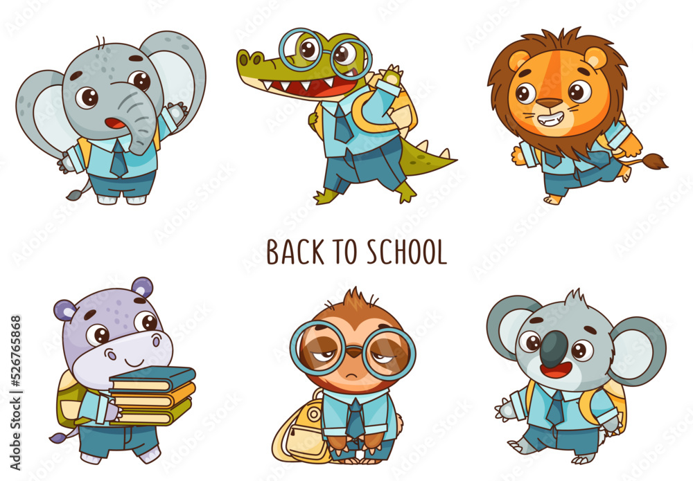 Set of kids kawaii elephant, crocodile, lion, koala, hippo, sloth go to school. Vector illustration for designs, prints, patterns. Isolated on white background Set of kids kawaii elephant, crocodile, lion, koala, hippo, sloth go to school. Vector illustration for designs, prints, patterns. Isolated on white background
