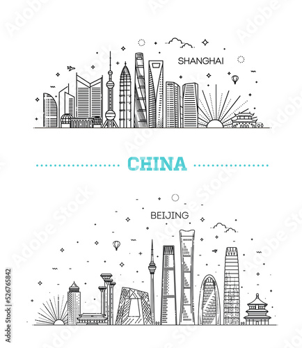 Shanghai and Beijing. China, Line Art Vector illustration with all famous buildings