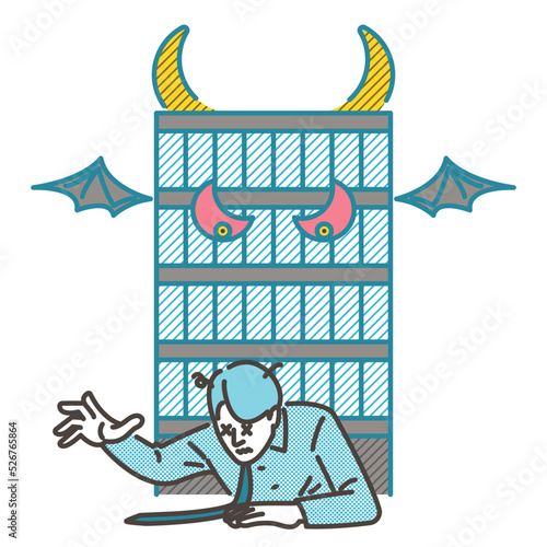 Tired male businessman in a company with poor working environment [Vector illustration].