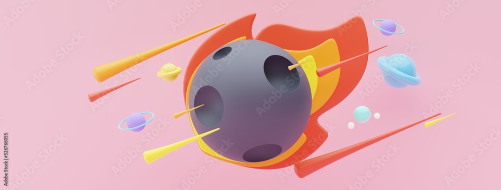 Fototapeta premium 3d render of planet star and moon that floating on the air at night with purple lilac background. Abstract scene of pastel ball, bubble soaps , or blobs in pastel colors. Magic scene.