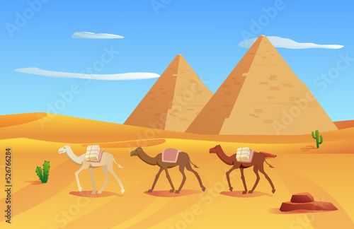 Desert landscape with Egyptian pyramids and camels caravan, flat vector illustration.