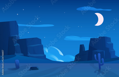 Banner of desert night landscape with highlands and moon vector illustration.