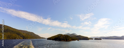 Panoramic view of Inner Passage, BC, from ferry, with multiple islands and coastline. 