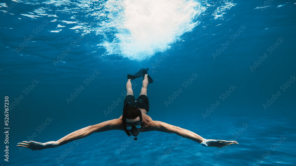Diving Underwater the sea With Long Fins