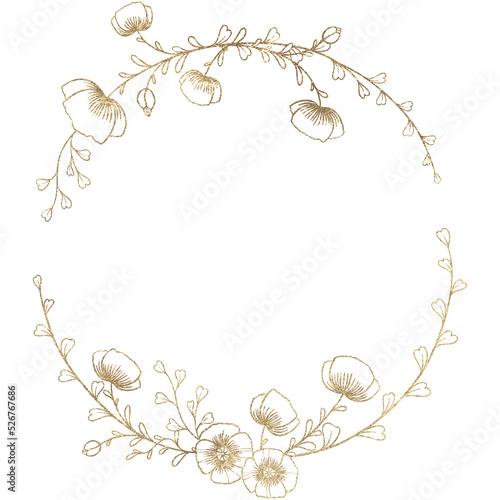Gold line art floral wreaths with hand drawn poppy flowers and leaves, decorative botanical frame isolated on white background