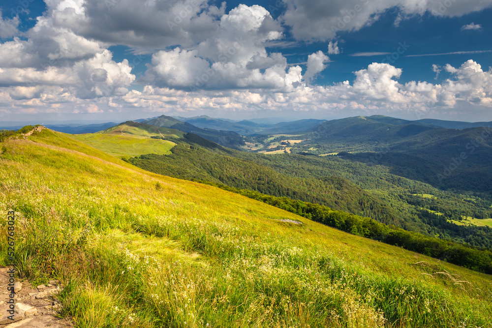 Summer views in the Bieszczady Mountains - views of the mountain ranges and lakes.