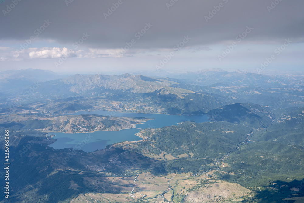 Campotosto lake and Gorzano range aerial, Italy