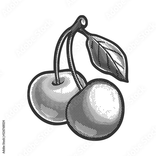 Wallpaper Mural sweet cherry sketch engraving raster illustration. Scratch board imitation. Black and white hand drawn image. Torontodigital.ca