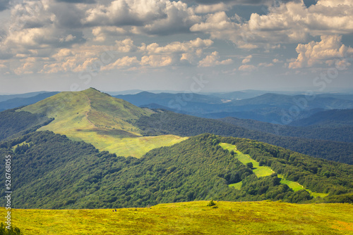 Summer views in the Bieszczady Mountains - views of the mountain ranges and lakes.