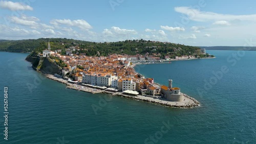 Piran Slovenia Aerial Footage on the Adriatic Seaside with Venetian Architecture. 4K Drone Footage of Piran City Town.
