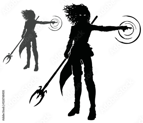 The black silhouette of a magician's girl, she stands with her arm outstretched forming magic and a beautiful staff in the other, her hair is dreadlocks fluttering in the wind. 2d vector art