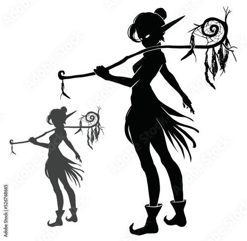 A black silhouette of a fairy girl, she is a forest sorceress with a dreamcatcher staff in a dress made of leaves and shoes with a twisted toe, she has a slender figure. 2d vector art white background